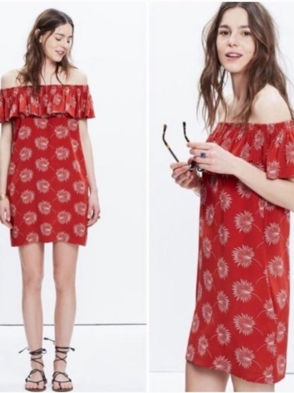 Madewell 100% Silk Red Off-Shoulder Ruffle Palm Dress-SM